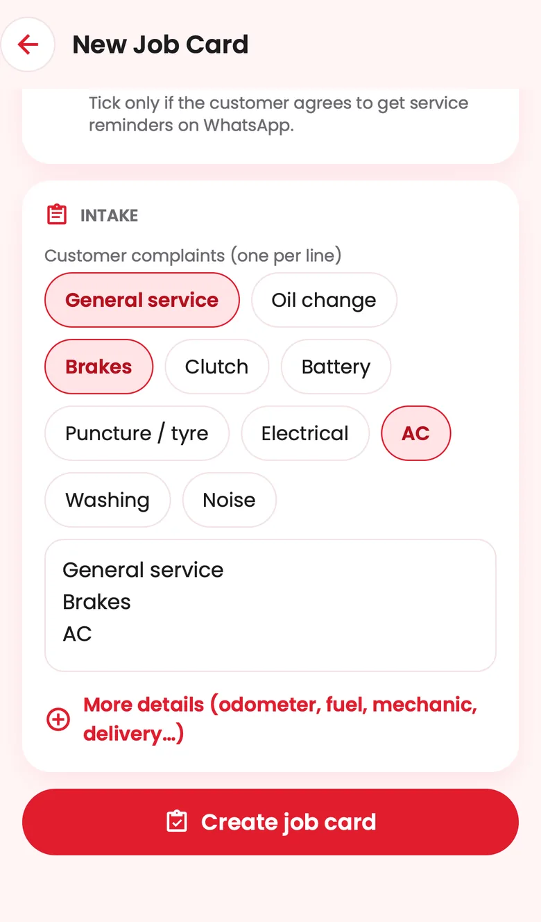 Garage Pro: New job card screen