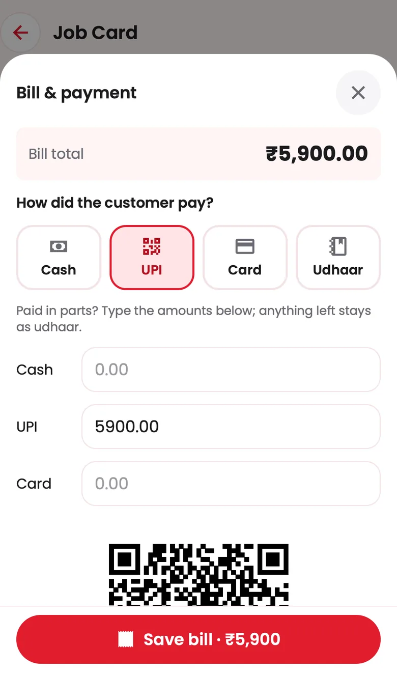 Garage Pro: Bill & payment screen